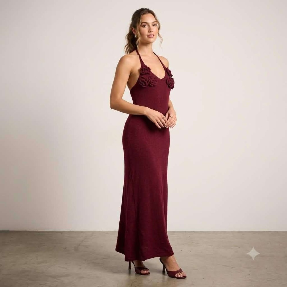 Burgundy Crochet Floral Halter Maxi Dress Knit Sleeveless V-Neck Backless Wine